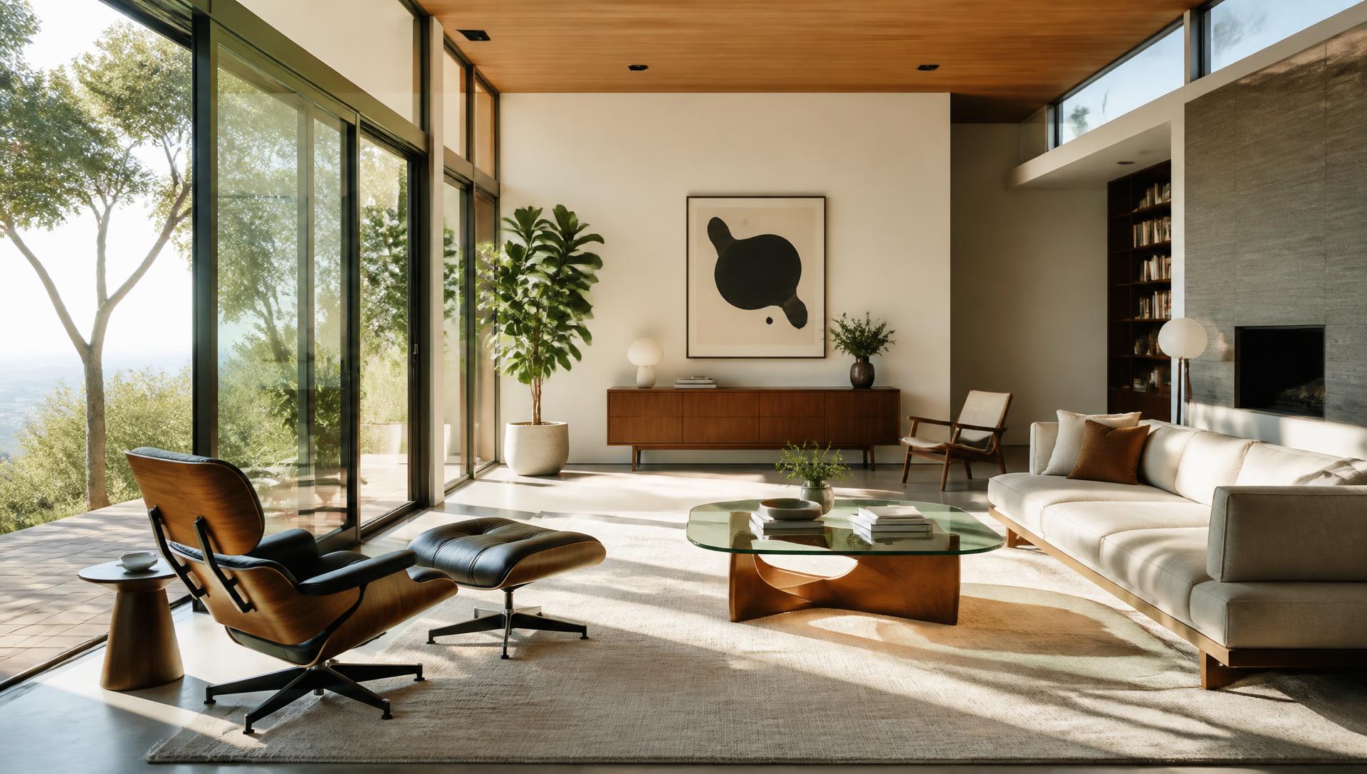 Sala de estar minimalista com luz natural e mobiliário de design